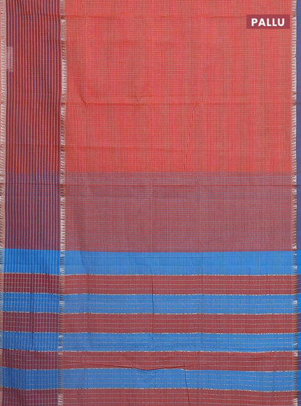 Mangalgiri cotton saree orange and teal blue with allover small checked pattern and long rettapet zari woven border