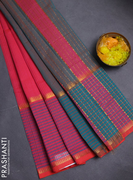 Mangalgiri cotton saree pink and teal green with allover small checked pattern and long rettapet zari woven border