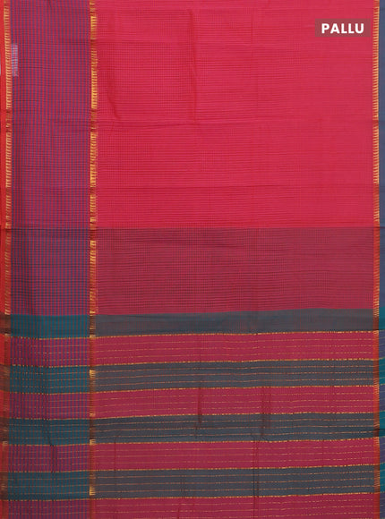 Mangalgiri cotton saree pink and teal green with allover small checked pattern and long rettapet zari woven border