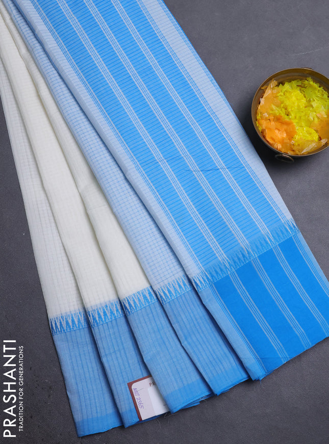Mangalgiri cotton saree off white and cs blue with allover small checked pattern and temple design simple border