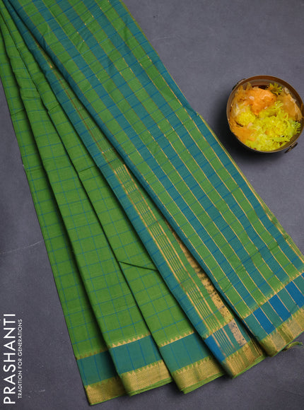 Mangalgiri cotton saree green and teal blue with allover checked pattern and rettapet zari woven border