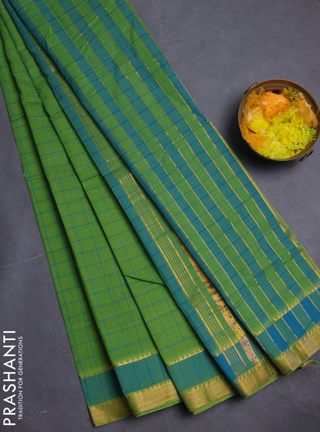 Mangalgiri cotton saree green and teal blue with allover checked pattern and rettapet zari woven border
