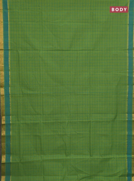 Mangalgiri cotton saree green and teal blue with allover checked pattern and rettapet zari woven border