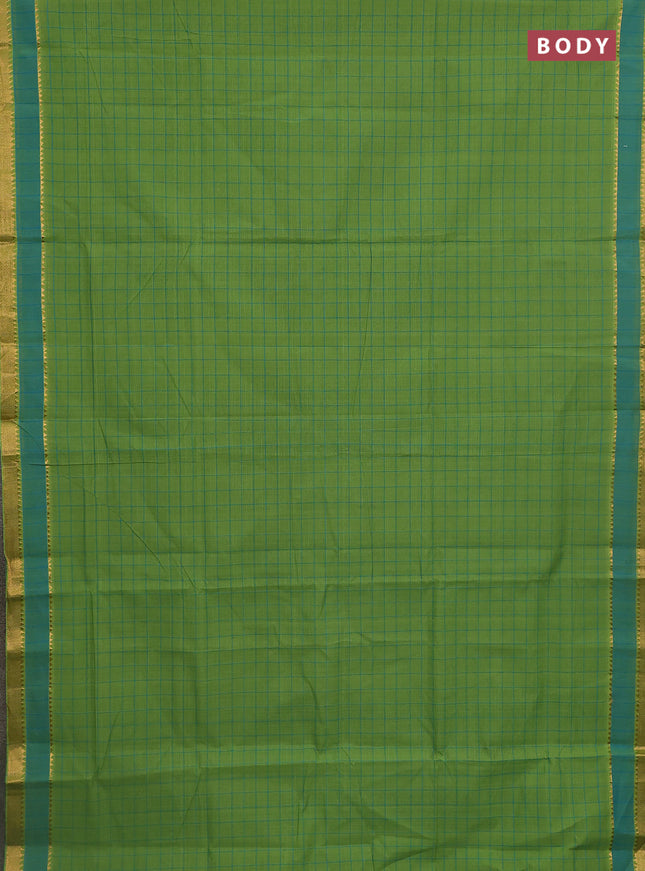 Mangalgiri cotton saree green and teal blue with allover checked pattern and rettapet zari woven border