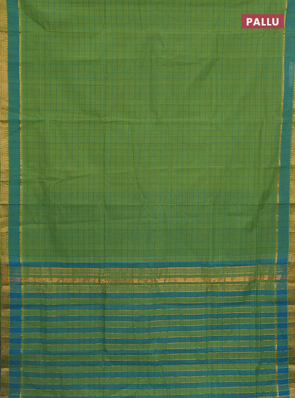 Mangalgiri cotton saree green and teal blue with allover checked pattern and rettapet zari woven border