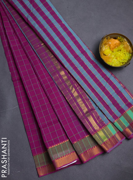 Mangalgiri cotton saree magenta pink and teal green with allover checked pattern and rettapet zari woven border