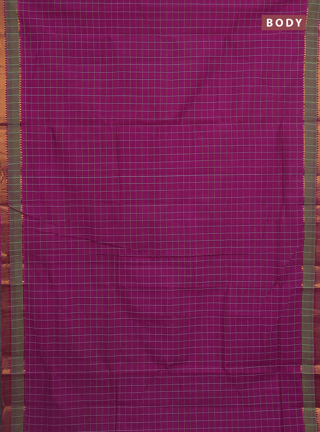 Mangalgiri cotton saree magenta pink and teal green with allover checked pattern and rettapet zari woven border