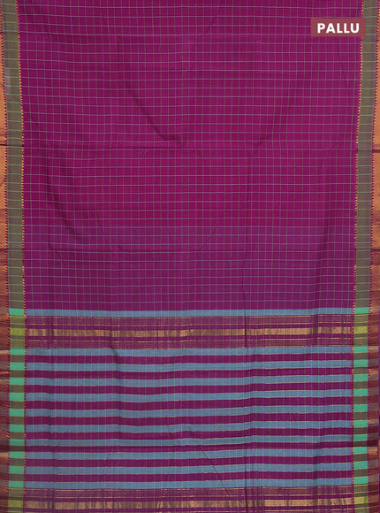 Mangalgiri cotton saree magenta pink and teal green with allover checked pattern and rettapet zari woven border