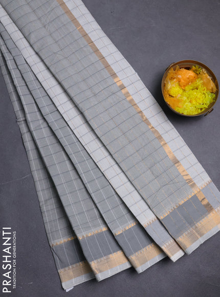 Mangalgiri cotton saree grey and off white with allover checked pattern and rettapet zari woven border