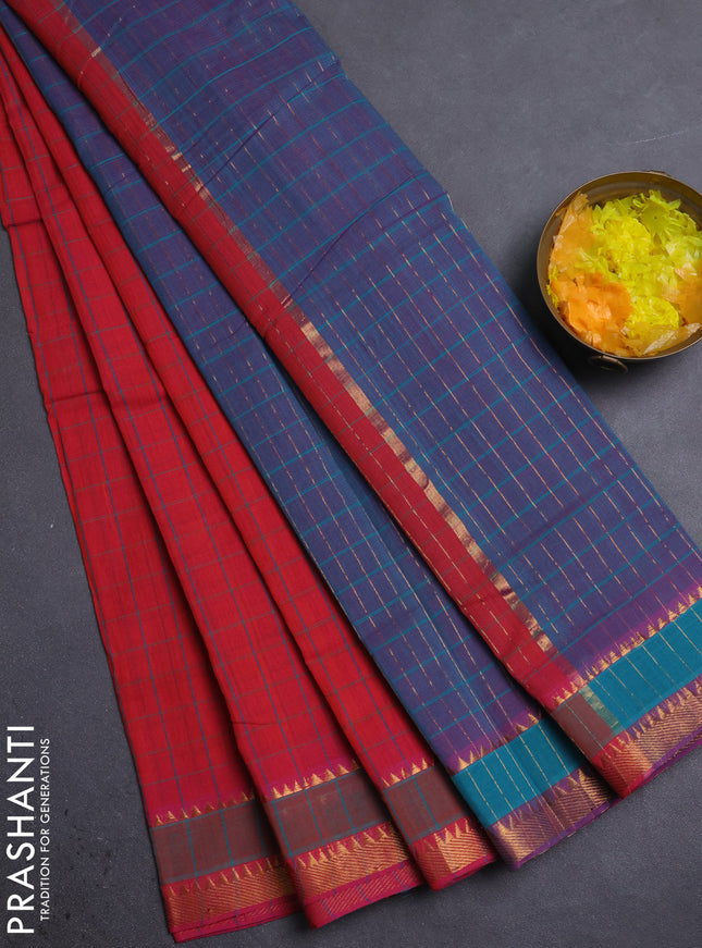 Mangalgiri cotton saree dual shade of pinkish orange and dual shade of teal blue with allover checked pattern and rettapet zari woven border