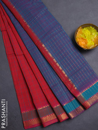 Mangalgiri cotton saree dual shade of pinkish orange and dual shade of teal blue with allover checked pattern and rettapet zari woven border