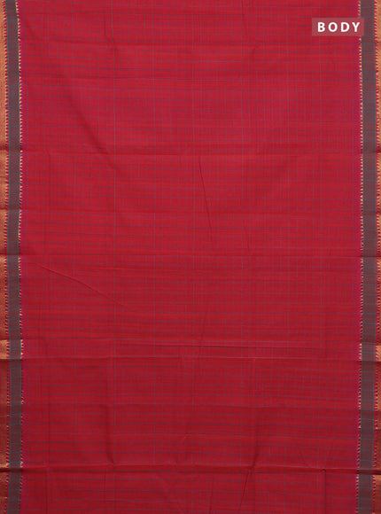 Mangalgiri cotton saree dual shade of pinkish orange and dual shade of teal blue with allover checked pattern and rettapet zari woven border
