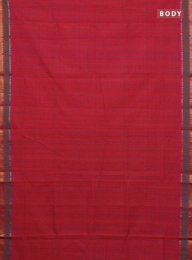 Mangalgiri cotton saree dual shade of pinkish orange and dual shade of teal blue with allover checked pattern and rettapet zari woven border