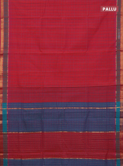 Mangalgiri cotton saree dual shade of pinkish orange and dual shade of teal blue with allover checked pattern and rettapet zari woven border