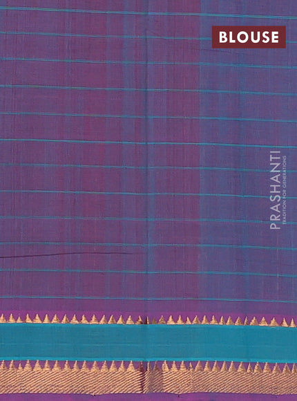 Mangalgiri cotton saree dual shade of pinkish orange and dual shade of teal blue with allover checked pattern and rettapet zari woven border