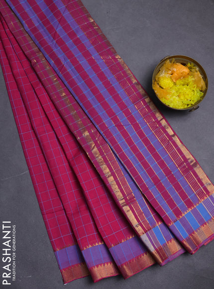 Mangalgiri cotton saree pink and blue with allover checked pattern and rettapet zari woven border
