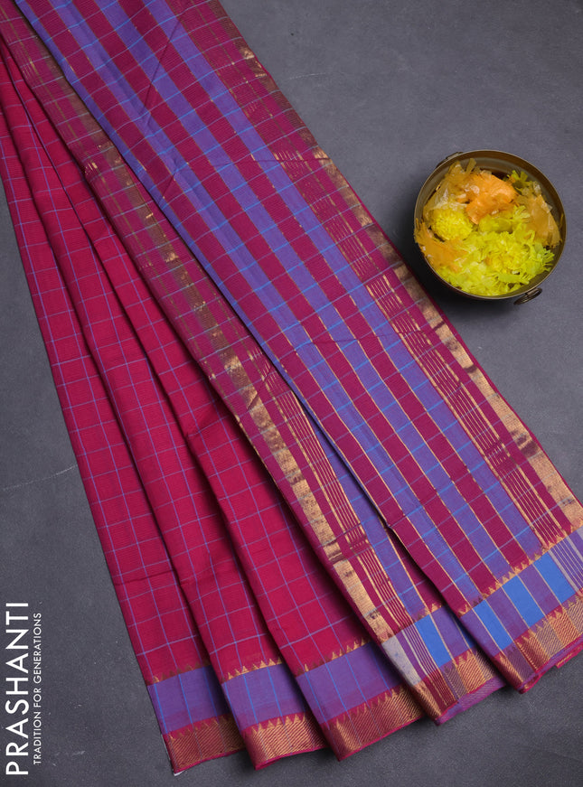 Mangalgiri cotton saree pink and blue with allover checked pattern and rettapet zari woven border