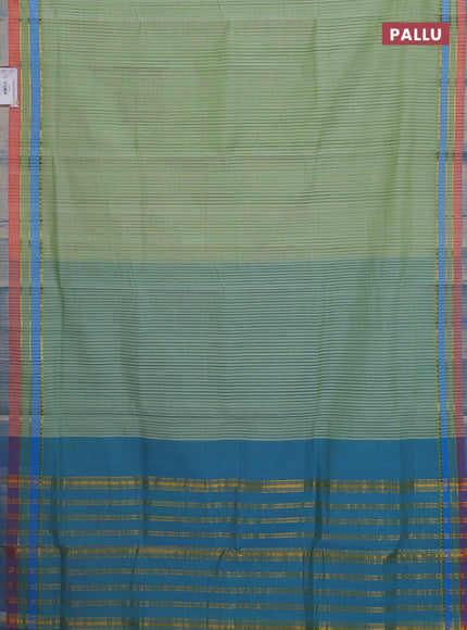 Mangalgiri cotton saree pista green and cs blue with allover stripe pattern and zari woven border