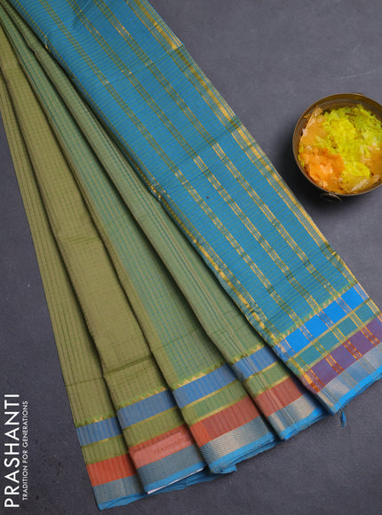 Mangalgiri cotton saree light green and teal blue with allover stripe pattern and zari woven border