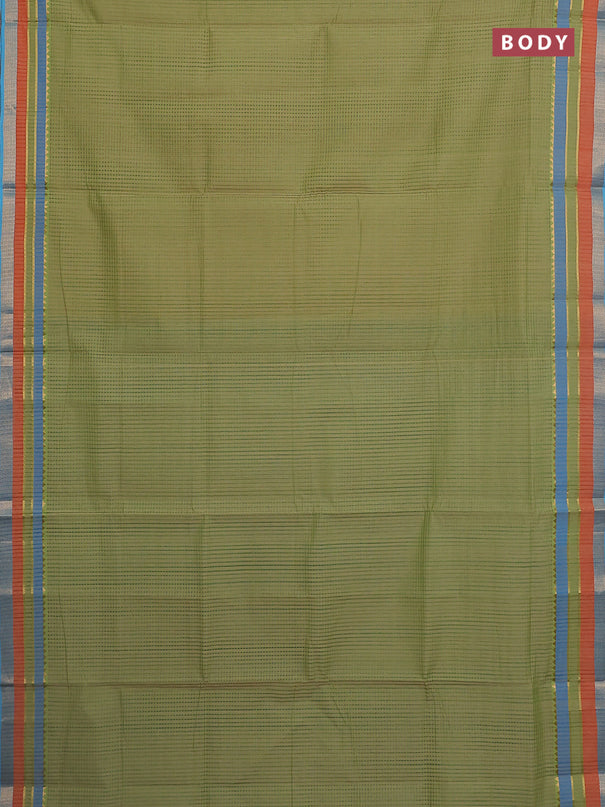 Mangalgiri cotton saree light green and teal blue with allover stripe pattern and zari woven border