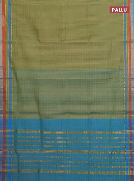 Mangalgiri cotton saree light green and teal blue with allover stripe pattern and zari woven border