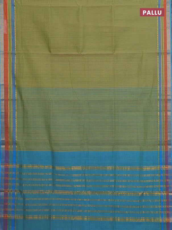 Mangalgiri cotton saree light green and teal blue with allover stripe pattern and zari woven border