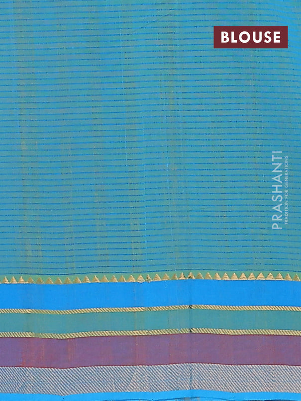 Mangalgiri cotton saree light green and teal blue with allover stripe pattern and zari woven border
