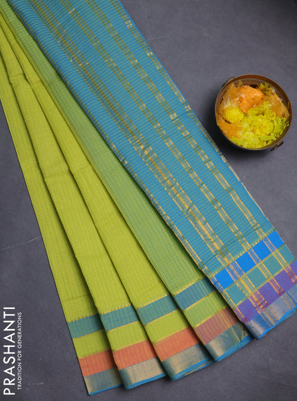 Mangalgiri cotton saree lime green and cs blue with allover stripe pattern and zari woven border
