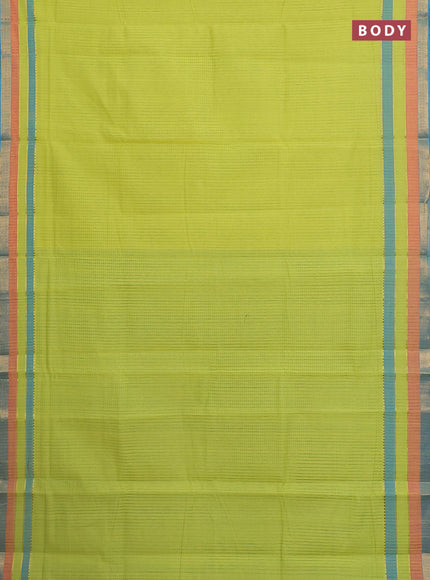 Mangalgiri cotton saree lime green and cs blue with allover stripe pattern and zari woven border