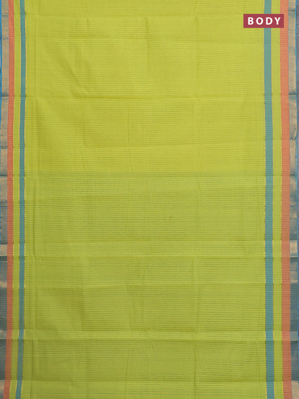 Mangalgiri cotton saree lime green and cs blue with allover stripe pattern and zari woven border