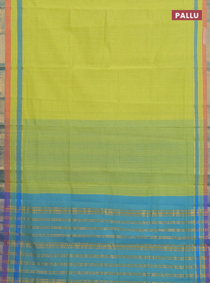 Mangalgiri cotton saree lime green and cs blue with allover stripe pattern and zari woven border