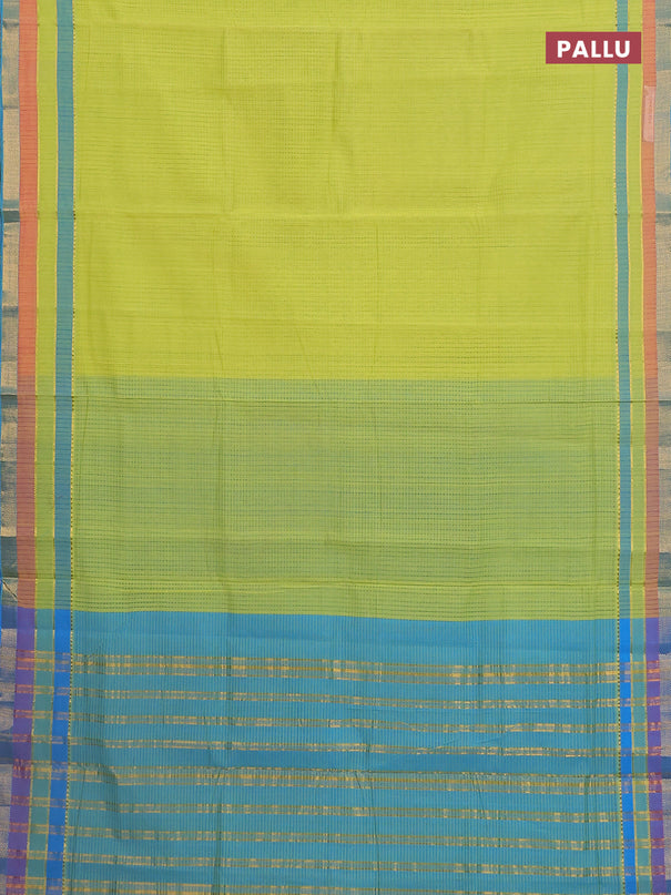 Mangalgiri cotton saree lime green and cs blue with allover stripe pattern and zari woven border
