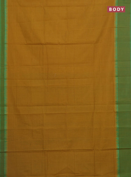 Mangalgiri cotton saree dark mustard and green with allover small checked pattern and temple design simple border