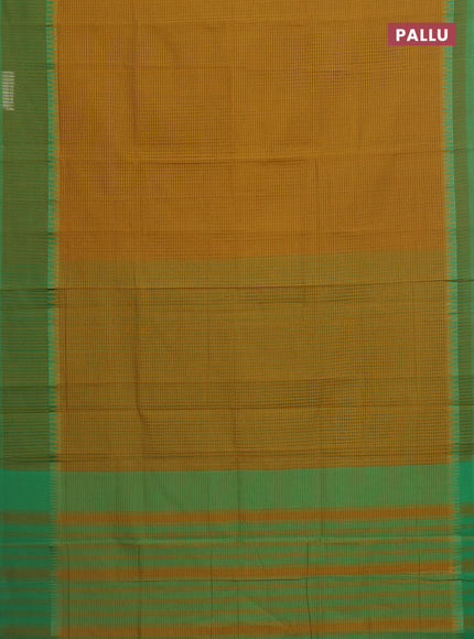 Mangalgiri cotton saree dark mustard and green with allover small checked pattern and temple design simple border