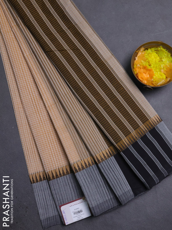 Mangalgiri cotton saree sandal and grey with allover small checked pattern and temple design simple border