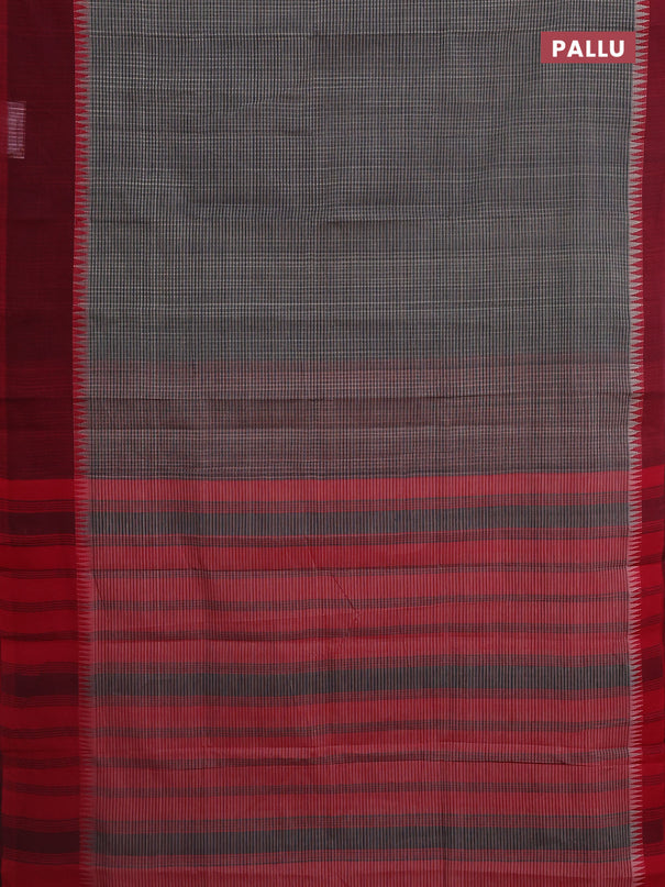 Mangalgiri cotton saree grey and red with allover small checked pattern and temple design simple border