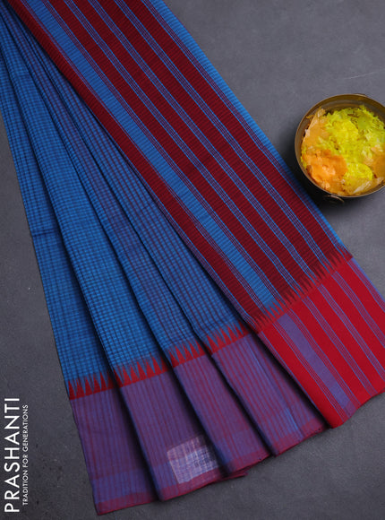 Mangalgiri cotton saree cs blue and red with allover small checked pattern and temple design simple border