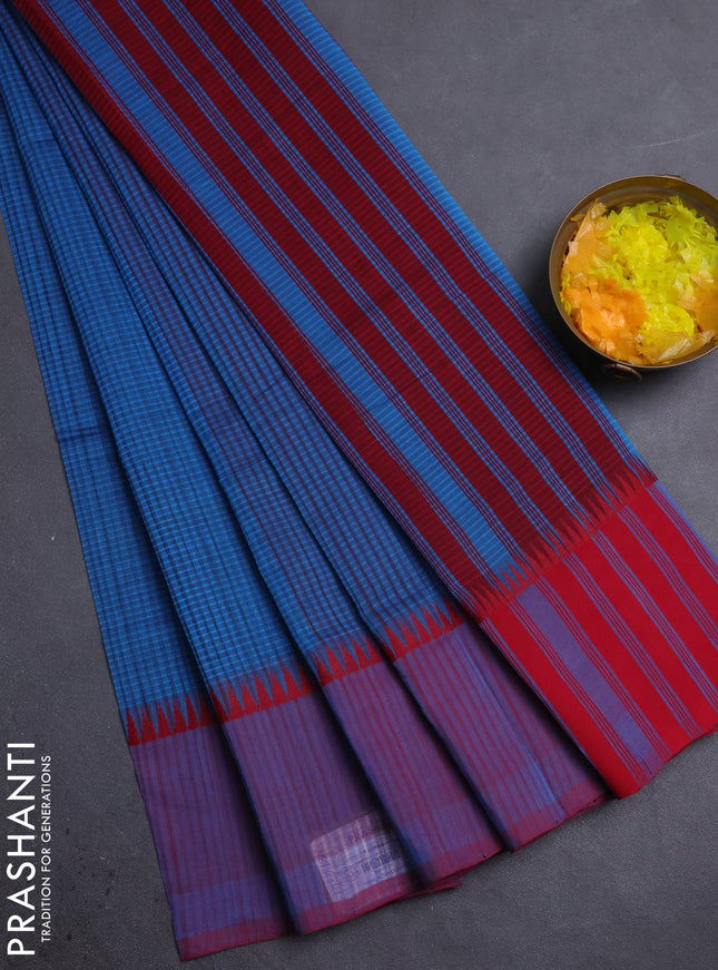 Mangalgiri cotton saree cs blue and red with allover small checked pattern and temple design simple border