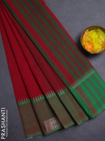 Mangalgiri cotton saree maroon and green with allover small checked pattern and temple design simple border