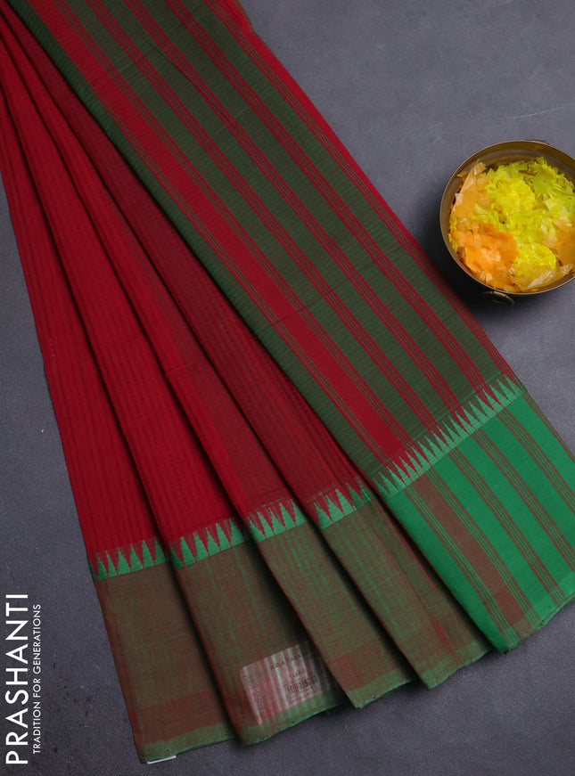 Mangalgiri cotton saree maroon and green with allover small checked pattern and temple design simple border