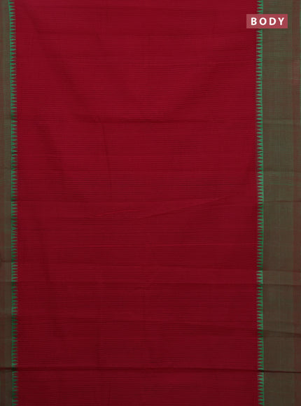 Mangalgiri cotton saree maroon and green with allover small checked pattern and temple design simple border