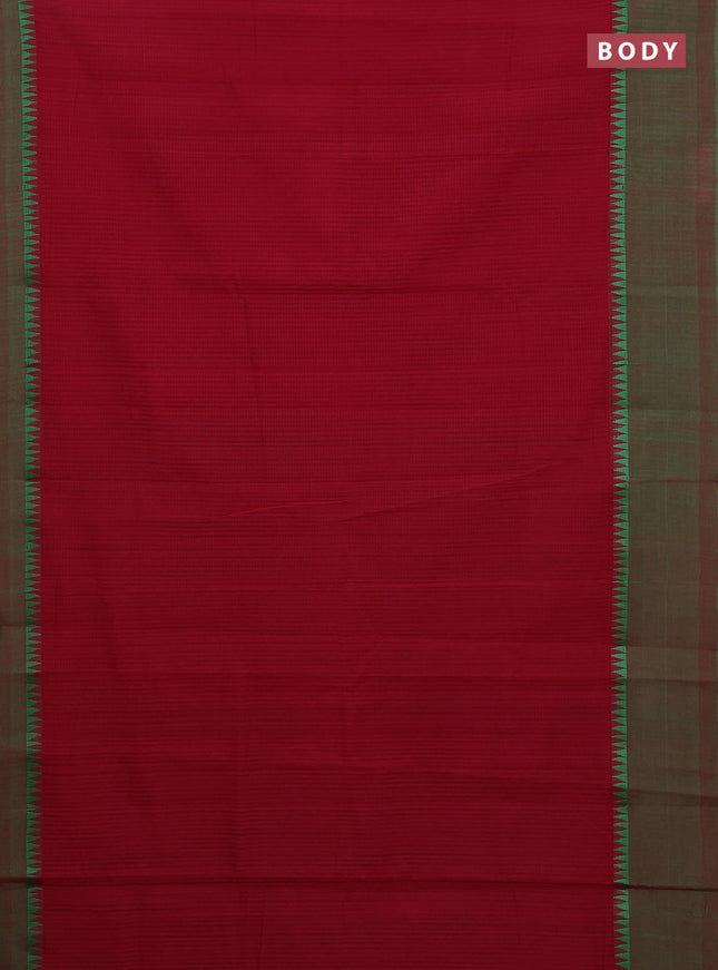 Mangalgiri cotton saree maroon and green with allover small checked pattern and temple design simple border