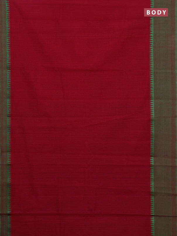 Mangalgiri cotton saree maroon and green with allover small checked pattern and temple design simple border