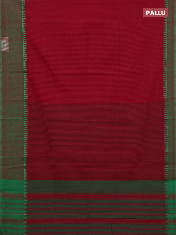 Mangalgiri cotton saree maroon and green with allover small checked pattern and temple design simple border