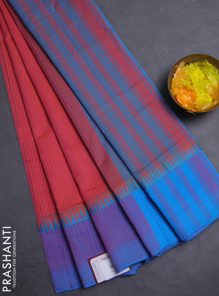 Mangalgiri cotton saree dua shade of pinkish mustard and cs blue with allover small checked pattern and temple design simple border