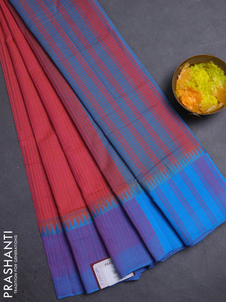 Mangalgiri cotton saree dua shade of pinkish mustard and cs blue with allover small checked pattern and temple design simple border