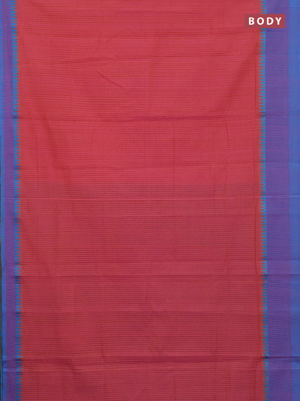 Mangalgiri cotton saree dua shade of pinkish mustard and cs blue with allover small checked pattern and temple design simple border