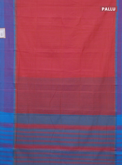 Mangalgiri cotton saree dua shade of pinkish mustard and cs blue with allover small checked pattern and temple design simple border