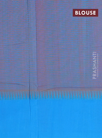 Mangalgiri cotton saree dua shade of pinkish mustard and cs blue with allover small checked pattern and temple design simple border
