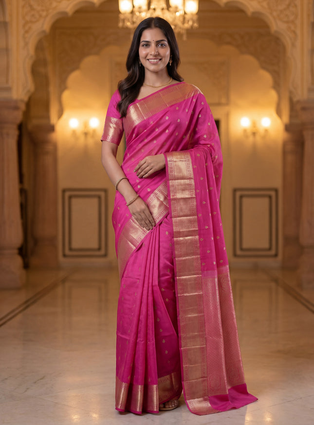 Kora kanchipuram silk saree pink with silver zari woven buttas and rich zari woven border